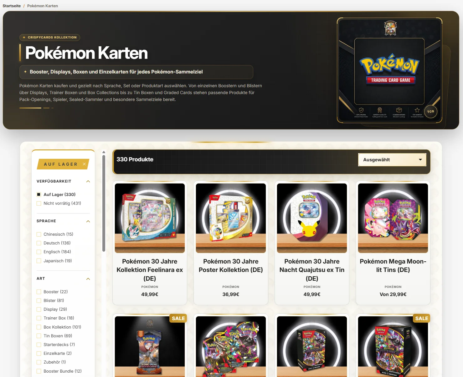 Pokémon Produktübersicht mit Filtern im CrispyCards Onlineshop