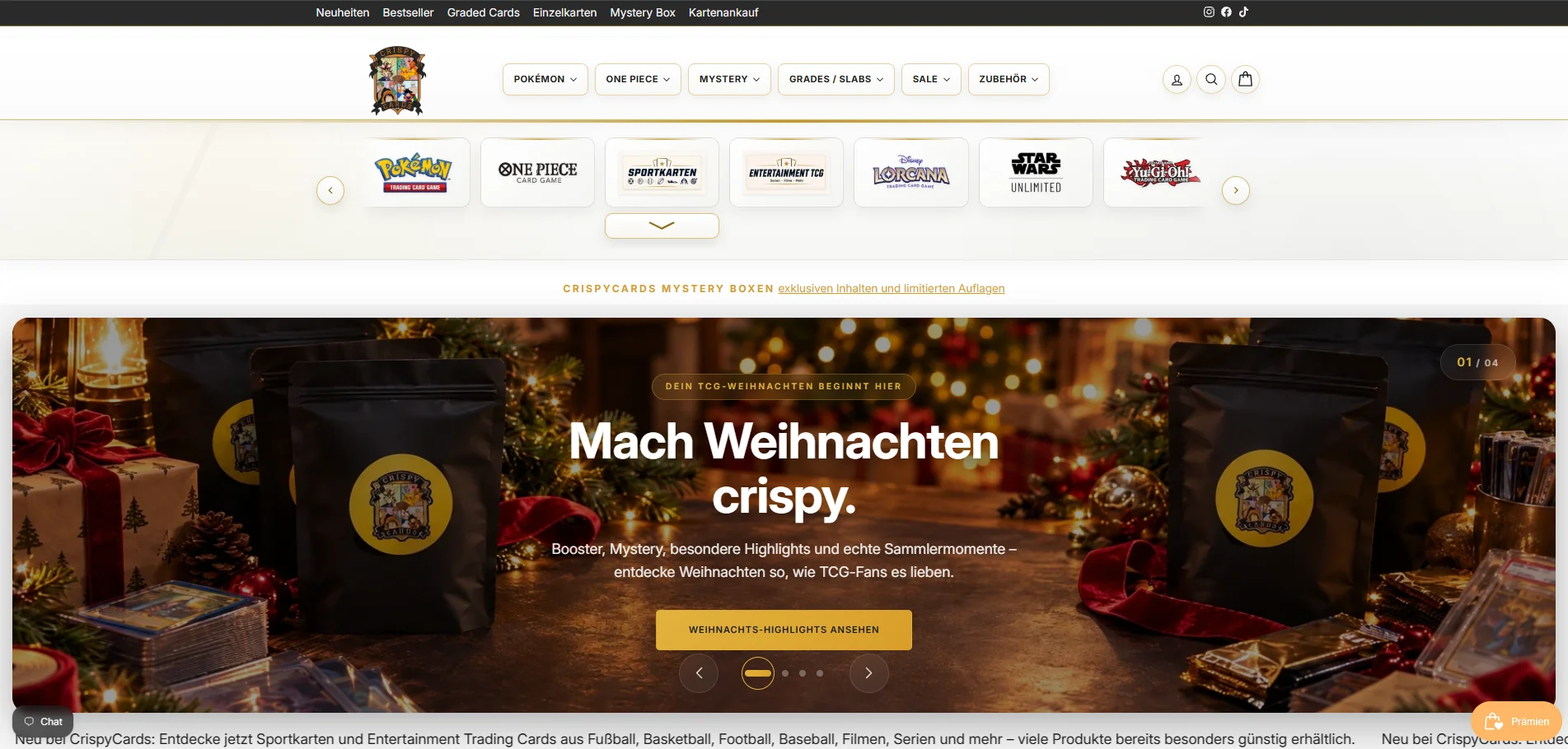 CrispyCards Startseite mit Weihnachtskampagne im Browser