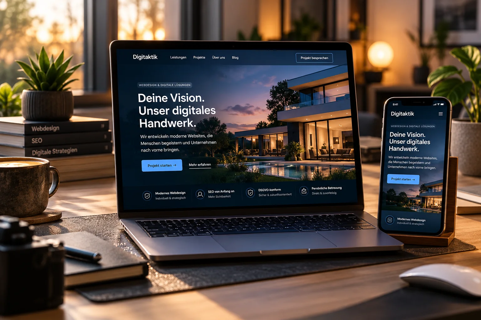 Designbeispiel einer Website auf Laptop und Smartphone in einer warm beleuchteten Arbeitsumgebung